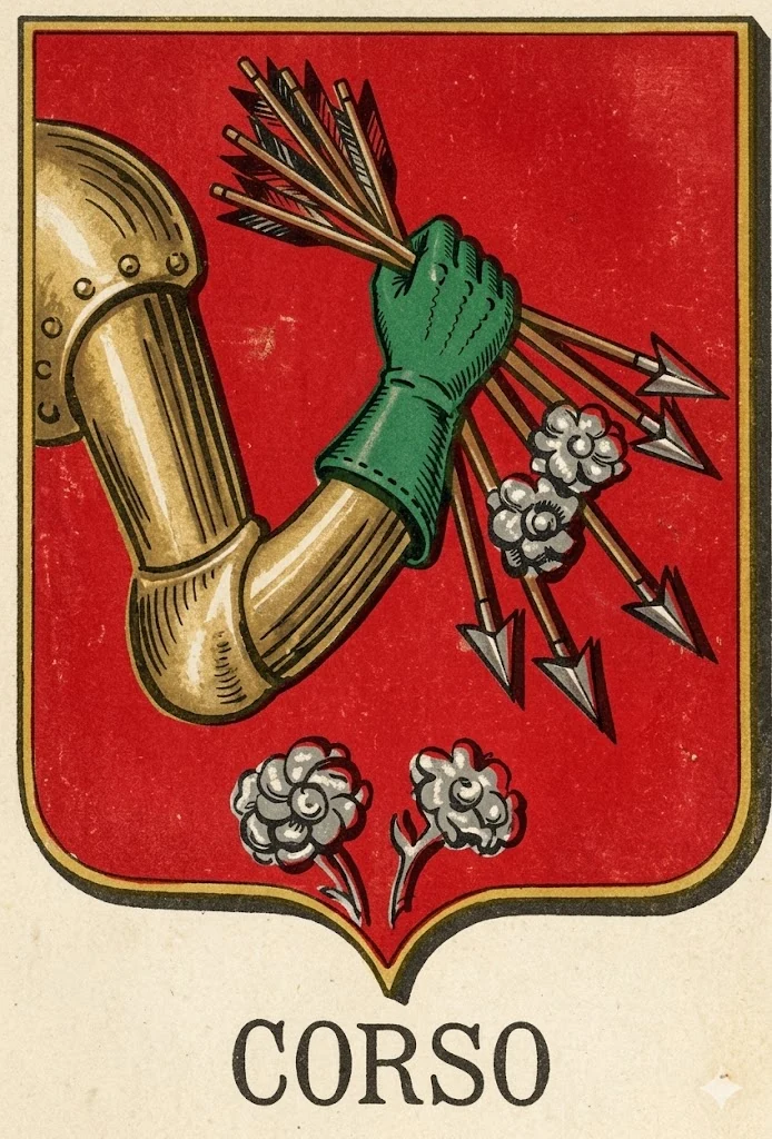 The Corso family coat of arms: an armored arm gripping a bundle of arrows on a red shield, with two roses
