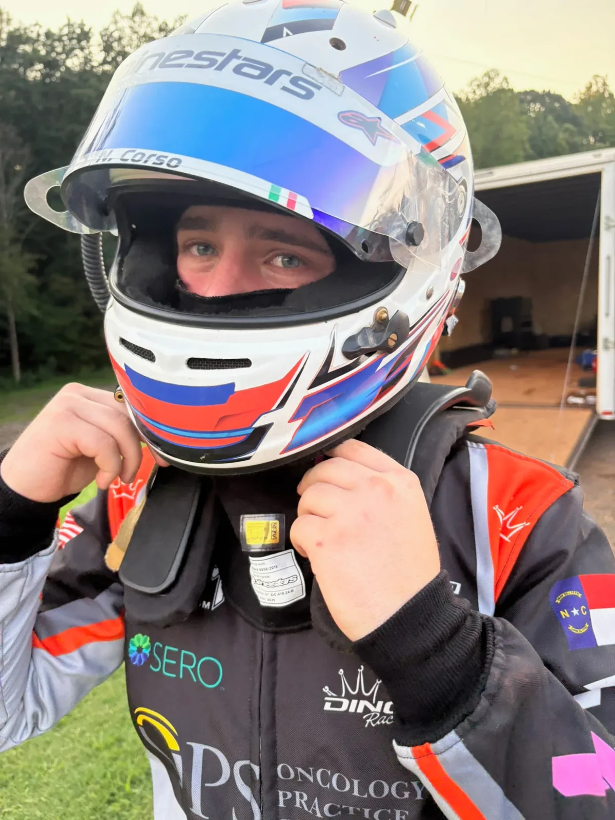 Nicholas Corso in his helmet before a micro sprint run